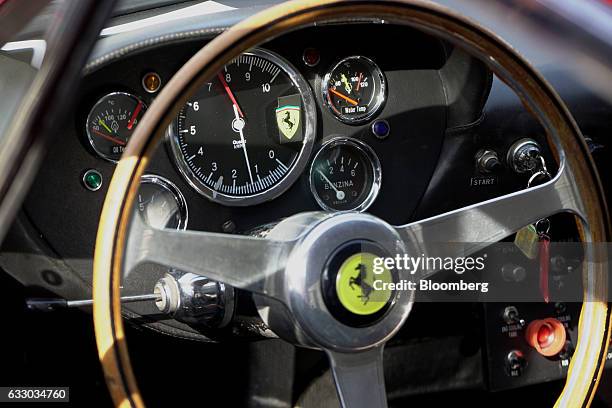 The interior controls of a 1963 Ferrari SpA 330 LMB race vehicle is seen during the 26th Annual Cavallino Classic Event at the Breakers Hotel in Palm...