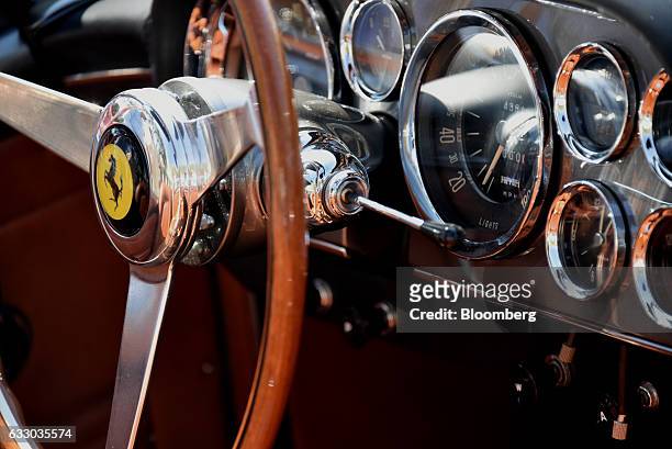 The interior controls of a 1961 Ferrari SpA 250 GT SWB California grand touring vehicle are seen during the 26th Annual Cavallino Classic Event at...