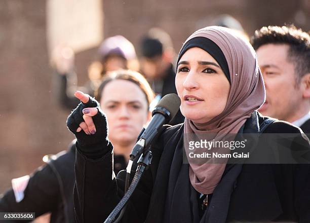 Linda Sarsour attends a rally to protest the executive order that President Donald Trump signed clamping down on refugee admissions and temporarily...