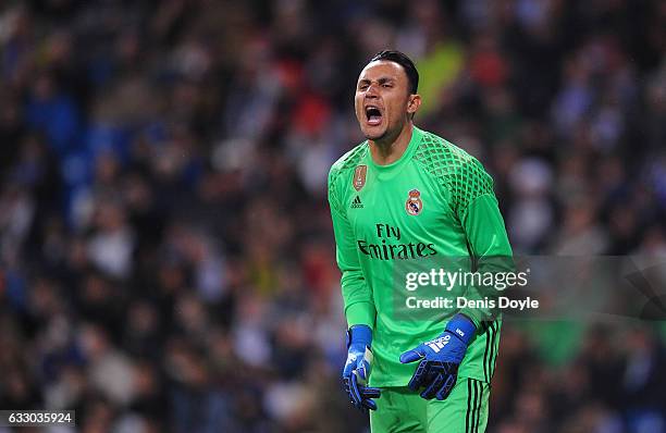 Keylor Navas of Real Madrid reacts during the La Liga match between Real Madrid CF and Real Sociedad de Futbol at the Bernabeu on January 29, 2017 in...