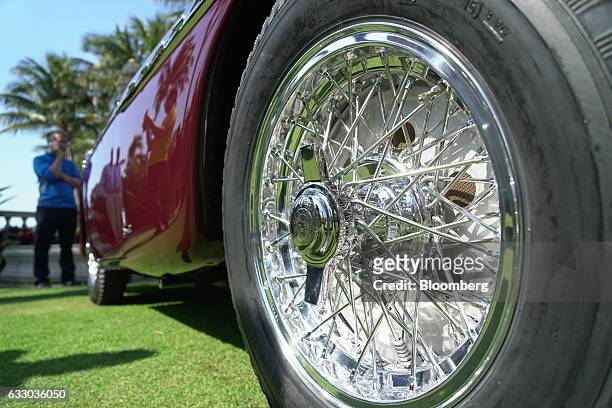 The wire wheel of a 1951 Ferrari 212 Export Vignale sports vehicle is seen during the 26th Annual Cavallino Classic Event at the Breakers Hotel in...