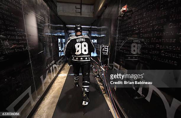 Brent Burns of the San Jose Sharks walks in the tunnel during the Metropolitan Division and Pacific Division match-up of the 2017 Honda NHL All-Star...