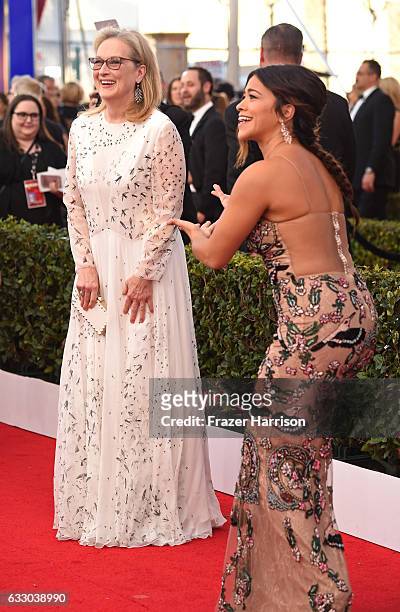 Actors Meryl Streep and Gina Rodriguez attend The 23rd Annual Screen Actors Guild Awards at The Shrine Auditorium on January 29, 2017 in Los Angeles,...