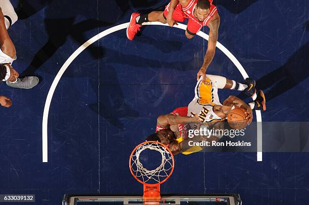 Paul George of the Indiana Pacers goes up for a dunk during a game against the Houston Rockets on January 29, 2017 at Bankers Life Fieldhouse in...