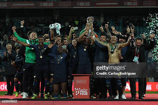Moreirense players raise the Portuguese league Cup Trophy after the Portuguese League Cup Final between Moreirense FC v SC Braga at Estadio do...