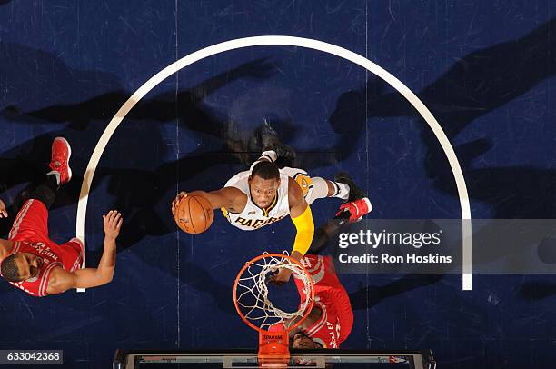 Lavoy Allen of the Indiana Pacers goes up for a dunk during a game against the Houston Rockets on January 29, 2017 at Bankers Life Fieldhouse in...