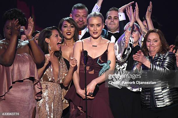 Actor Taylor Schilling and the cast of Orange is the New Black accepts the award for Best Ensemble in a Comedy Series, onstage during the 23rd Annual...