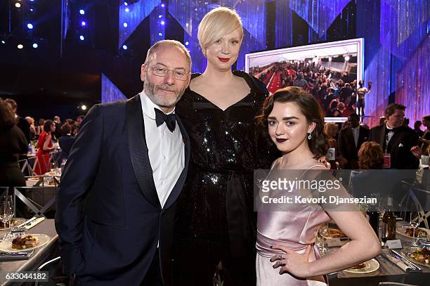 Actors Liam Cunningham, Gwendoline Christie and Maisie Williams attend the 23rd Annual Screen Actors Guild Awards Cocktail Reception at The Shrine...