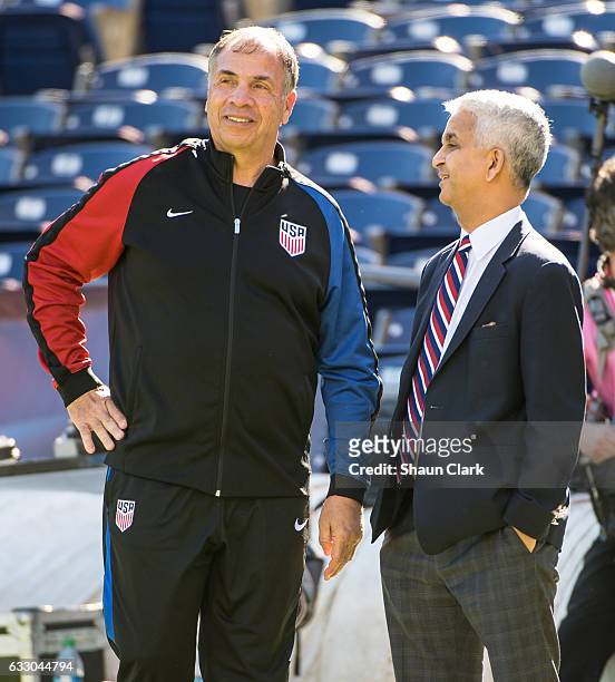 Head Coach Bruce Arena an Sunil Gulati of the United States prior to the International Soccer Friendly match between the United States and Serbia at...