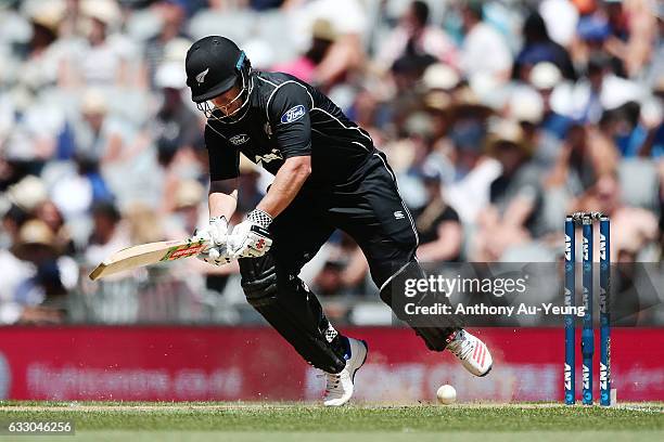 Neil Broom of New Zealand loses his footing as he bats during the first One Day International game between New Zealand and Australia at Eden Park on...