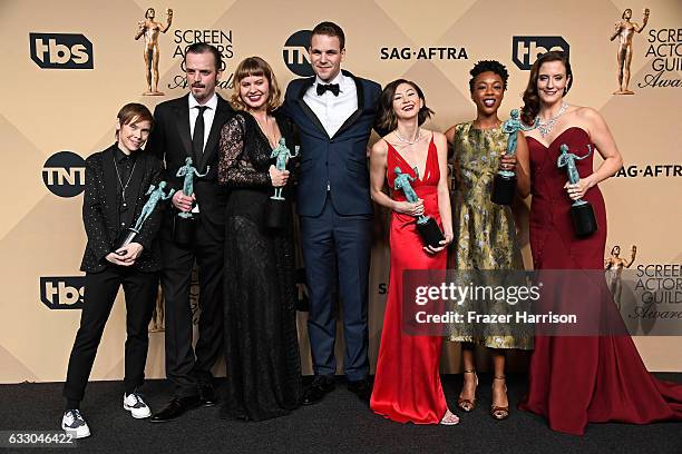 Actors Abigail Savage, James McMenamin, Emily Althaus, Alan Aisenberg, Kimiko Glenn, Samira Wiley, and Julie Lake, co-winners of the Outstanding...