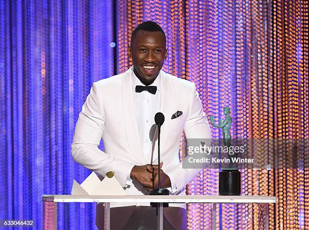 Actor Mahershala Ali accepts Outstanding Performance by a Male Actor in a Supporting Role for 'Moonlight' onstage during The 23rd Annual Screen...