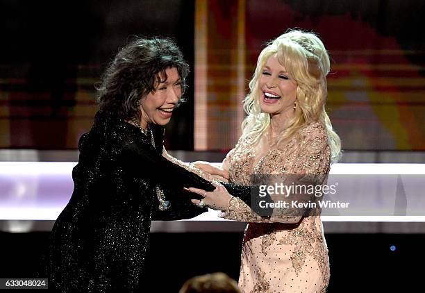 Actor Lily Tomlin accepts the 2016 SAG Life Achievement Award from actor/singer Dolly Parton onstage during The 23rd Annual Screen Actors Guild...