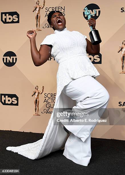 Actor Danielle Brooks, winner of the Outstanding Ensemble in a Comedy Series award for 'Orange Is the New Black,' poses in the press room during the...