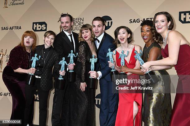 Annie Golden, Abigail Savage, James McMenamin, Emily Althaus, Alan Aisenberg, Kimiko Glenn, Samira Wiley and Julie Lake pose in the press room during...