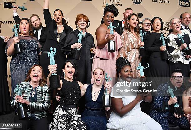 The cast of "Orange is the New Black", winners of the Outstanding Ensemble in a Comedy Series award of 'Orange Is the New Black,' pose in the press...