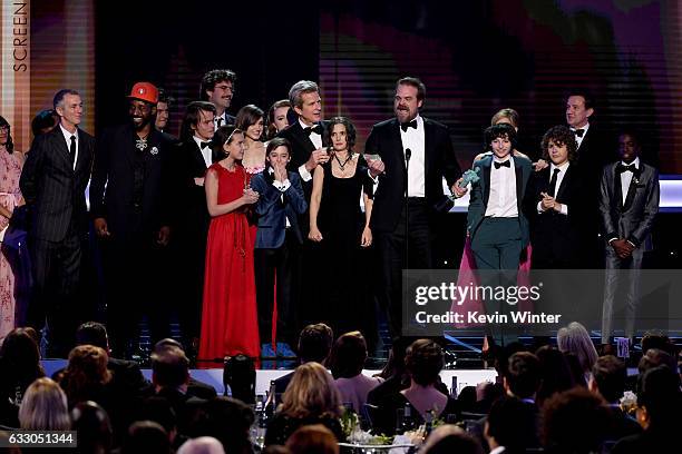 Cast of 'Stranger Things' accepts Outstanding Performance by an Ensemble in a Drama Series onstage during The 23rd Annual Screen Actors Guild Awards...