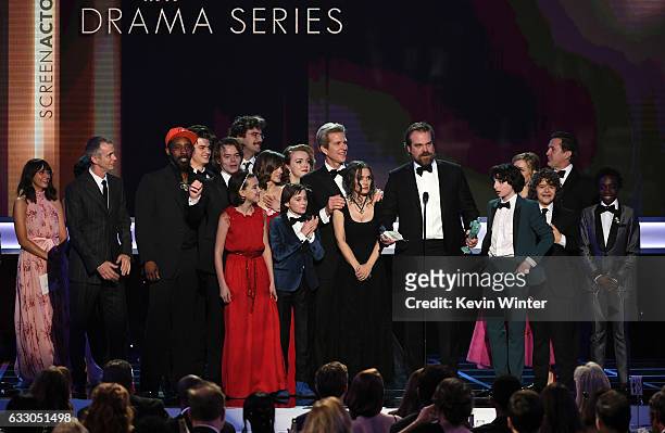 Cast of 'Stranger Things' accepts Outstanding Performance by an Ensemble in a Drama Series onstage during The 23rd Annual Screen Actors Guild Awards...