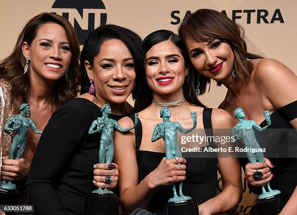 Actors Elizabeth Rodriguez, Selenis Leyva, Diane Guerrero, and Jackie Cruz, co-winners of the Outstanding Performance by an Ensemble in a Comedy...