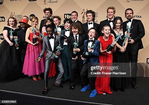 Stranger Things' cast members, recipients of the Outstanding Performance by an Ensemble in a Drama Series award, pose in the press room during The...