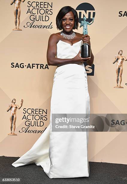 Actor Viola Davis, winner of the Outstanding Female Actor in a Supporting Role award for 'Fences,' poses in the press room during the 23rd Annual...