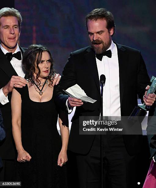 Actors Matthew Modine, Winona Ryder and David Harbour of 'Stranger Things' accept Outstanding Performance by an Ensemble in a Drama Series onstage...