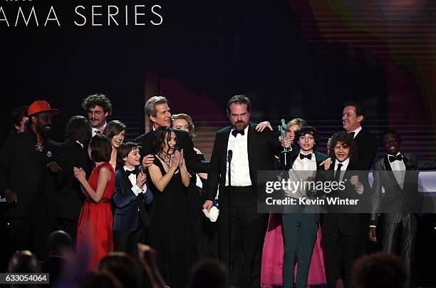 Cast of 'Stranger Things' accepts Outstanding Performance by an Ensemble in a Drama Series onstage during The 23rd Annual Screen Actors Guild Awards...