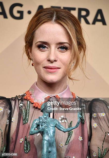 Actor Claire Foy, winner of the Outstanding Female Actor in a Drama Series award for 'The Crown,' poses in the press room during the 23rd Annual...