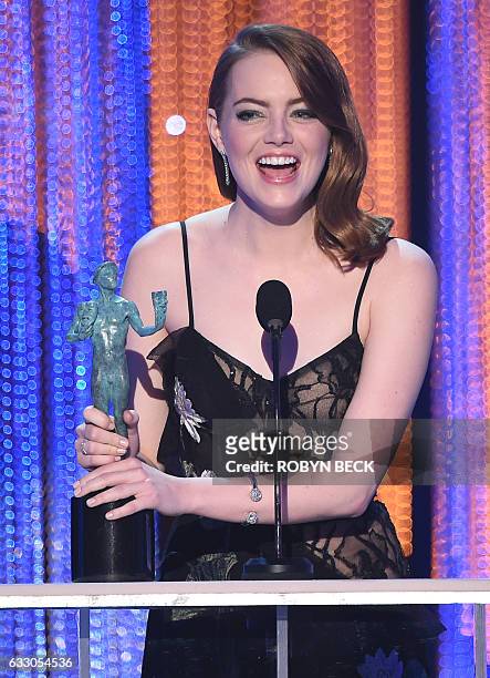 Actress Emma Stone accepts the award for best leading actress for 'La LA Land' during the 23rd Annual Screen Actors Guild Awards show at The Shrine...