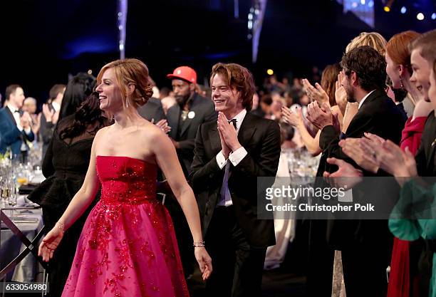 Actors Cara Buono and Charlie Heaton during The 23rd Annual Screen Actors Guild Awards at The Shrine Auditorium on January 29, 2017 in Los Angeles,...