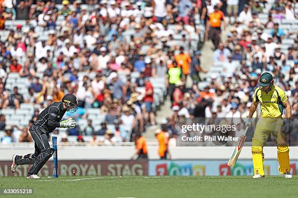 Shaun Marsh of Australia is stumped by Tom Latham of New Zealand during the first One Day International game between New Zealand and Australia at...