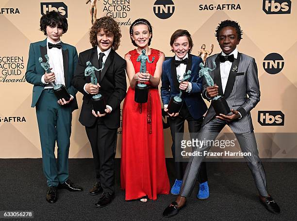 Actors Finn Wolfhard, Gaten Matarazzo, Millie Bobby Brown, Noah Schnapp, and Caleb McLaughlin, co-recipients of the Outstanding Performance by an...