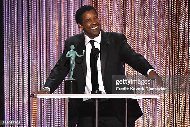 Actor Denzel Washington accepts the award for Best Make Actor in a Leading Role for 'Fences,' onstage during the 23rd Annual Screen Actors Guild...