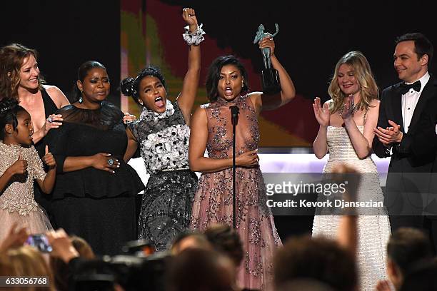 The cast of Hidden Figures accepts the award for Best Cast in a Motion Picture onstage during the 23rd Annual Screen Actors Guild Awards at The...