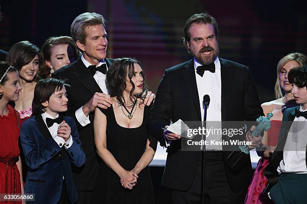 Actors Millie Bobby Brown, Natalia Dyer, Shannon Purser, Matthew Modine, Noah Schnapp, Winona Ryder, David Harbour, Cara Buono, and Finn Wolfhard of...