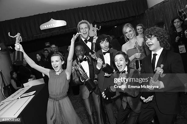 Actors Millie Bobby Brown, Caleb McLaughlin, Matthew Modine, Finn Wolfhard, Noah Schnapp, Cara Buono and Gaten Matarazzo, winners of the Outstanding...