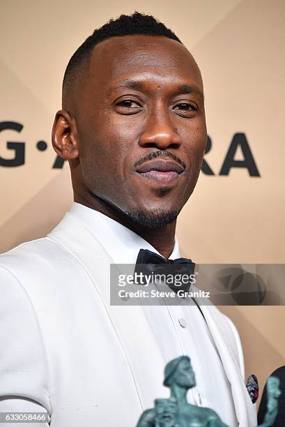 Actor Mahershala Ali, winner of the awards for Outstanding Male Actor in a Supporting Role for 'Moonlight' and Outstanding Cast in a Motion Picture...