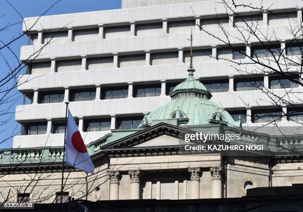 The Bank of Japan headquarters is seen in Tokyo on January 30, 2017. - Tokyo stocks fell early on January 30 as investors cashed in on recent gains...