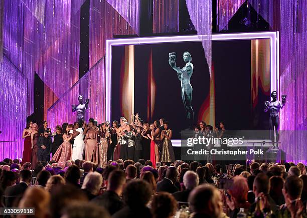 The cast of "Orange Is The New Black" accepting the award for Ensemble in a Comedy Series during The 23rd Annual Screen Actors Guild Awards at The...