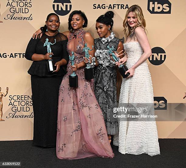 Actors Octavia Spencer, Taraji P. Henson, Janelle Monae, and Kirsten Dunst, co-recipients of the Outstanding Performance by a Cast in a Motion...