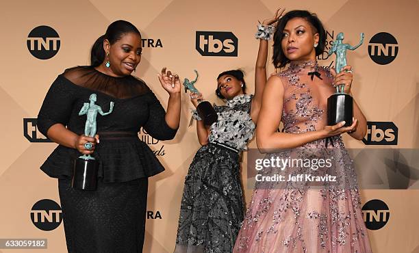 Actors Octavia Spencer, Janelle Monae, and Taraji P. Henson, winners of the Outstanding Cast in a Motion Picture award for 'Hidden Figures,' pose in...
