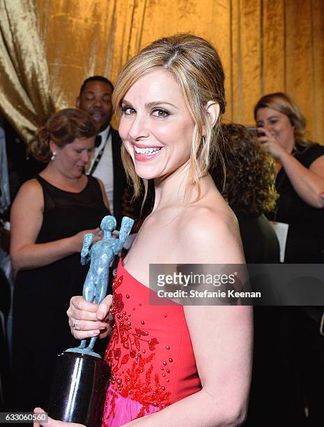 Actor Cara Buono, winner of the Outstanding Ensemble in a Drama Series award for 'Stranger Things', poses in the press room during The 23rd Annual...