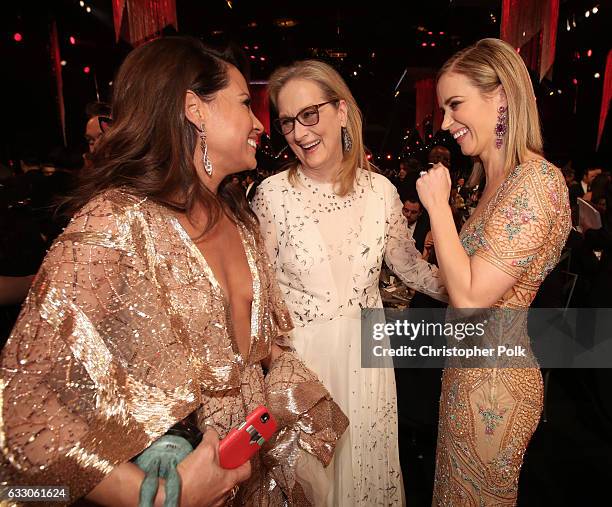 Actors Elizabeth Rodriguez, Meryl Streep and Emily Blunt during The 23rd Annual Screen Actors Guild Awards at The Shrine Auditorium on January 29,...