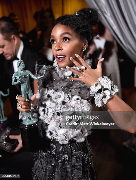 Actor Janelle Monae, co-recipient of the Outstanding Performance by a Cast in a Motion Picture award for 'Hidden Figures,' poses in the press room...