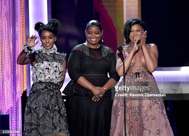 Actors Janelle Monae, Octavia Spencer, and Taraji P. Henson speak onstage during the 23rd Annual Screen Actors Guild Awards at The Shrine Expo Hall...