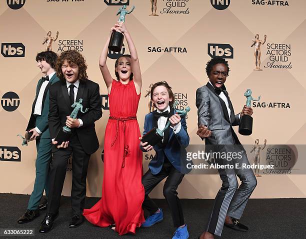 Actors Finn Wolfhard, Gaten Matarazzo, Millie Bobby Brown, Noah Schnapp, and Caleb McLaughlin co-recipients of the Outstanding Performance by an...