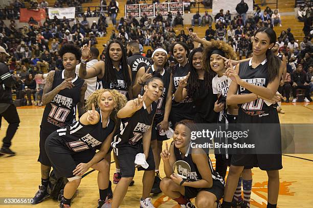 Angie Ange's team poses after winning the lady's Ballin' Out Of Control Celebrity Basketball Game at Coolidge High School on January 29, 2017 in...