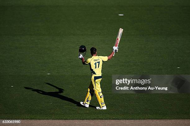 Marcus Stoinis of Australia celebrates scoring a century during the first One Day International game between New Zealand and Australia at Eden Park...