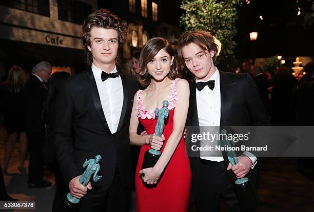 Actors Joe Keery, Natalia Dyer and Charlie Heaton attend People And EIF's Annual Screen Actors Guild Awards Gala at The Shrine Auditorium on January...