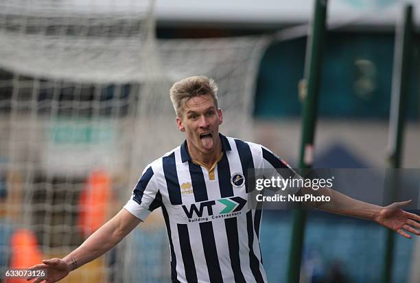 Millwall's Steve Morison celebrates his goal during The Emirates FA Cup - Fourth Round match between Millwall against Watford at The Den on 29th Jan...